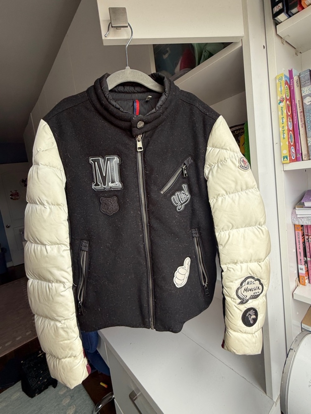 Moncler Black and Cream Patch-Detail Puffer Sleeve